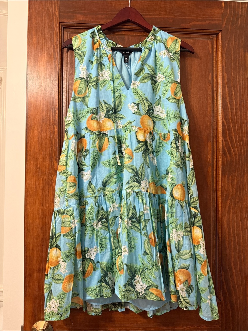 Aqua Light Blue Tiered Sundress with Lemon Citrus Print